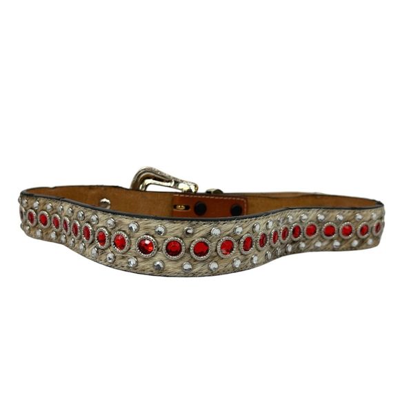 3-D western belt 28 calf hair gems crystals DDD silver hardware red leather - Picture 2 of 13